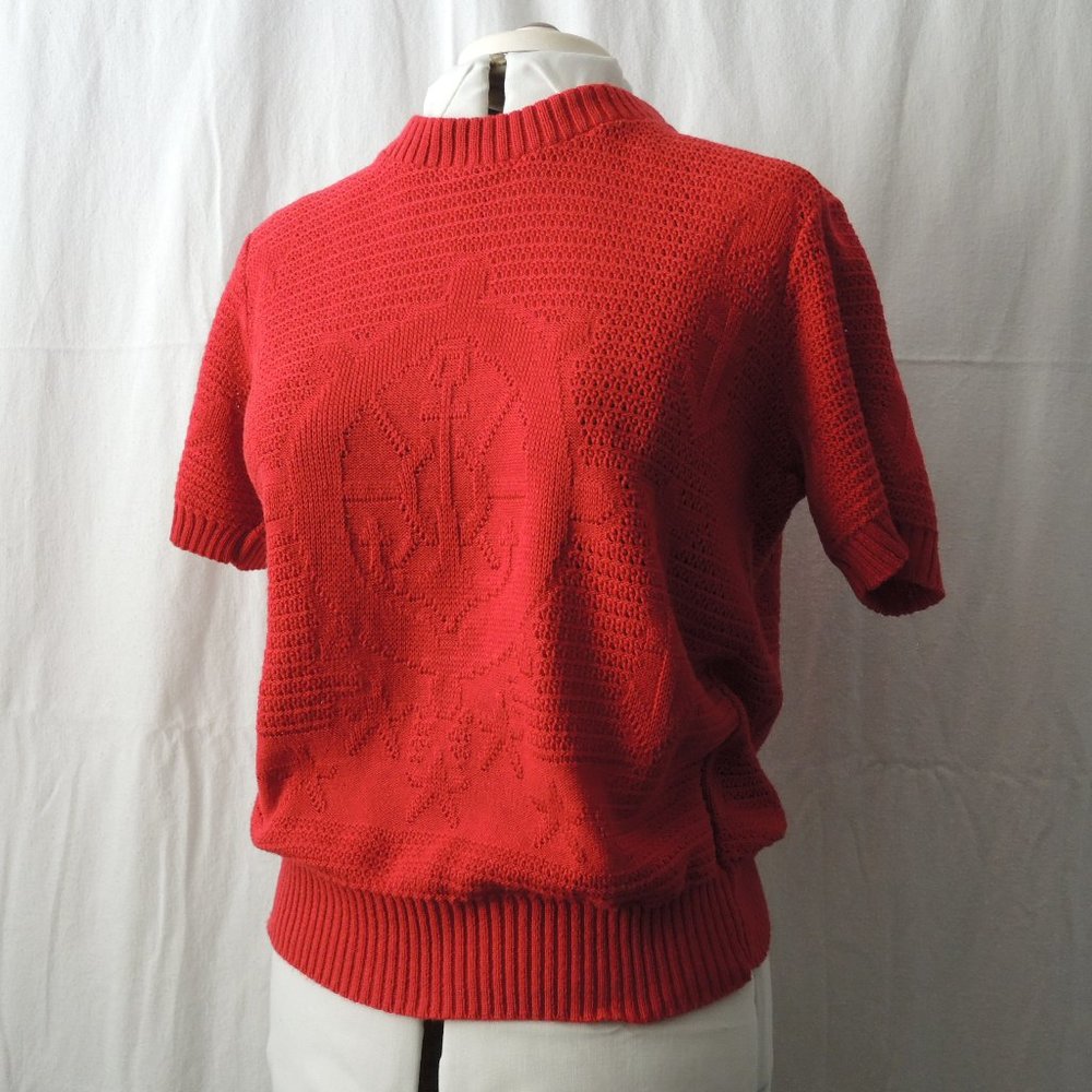 Vintage Red Short Sleeve Crew Neck Sweater Nautical Ship Wheel & Anchor